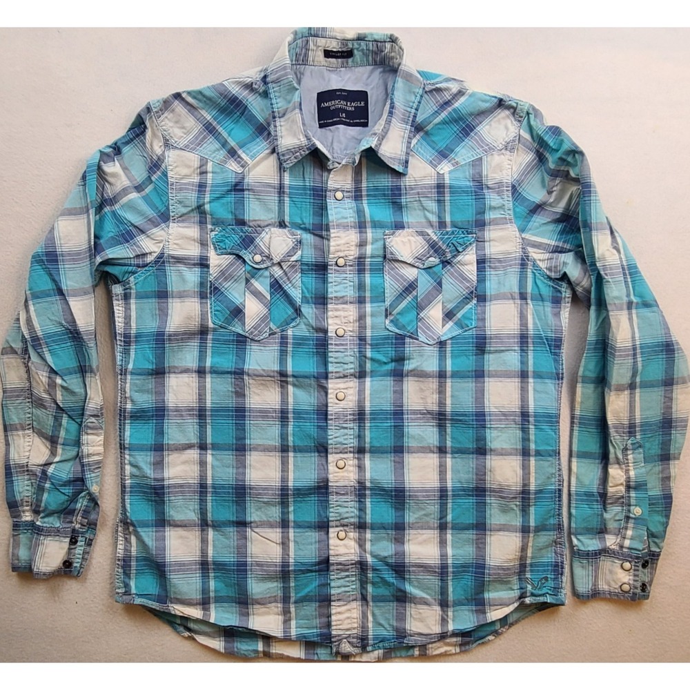 American Eagle Vintage Fit Western Shirt L Plaid Pearl Snap Blue Rodeo Ranch